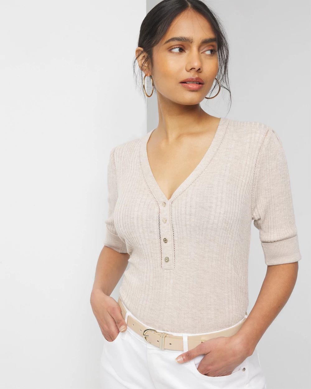 Cashmere Blend Elbow-Sleeve Henley Sweater