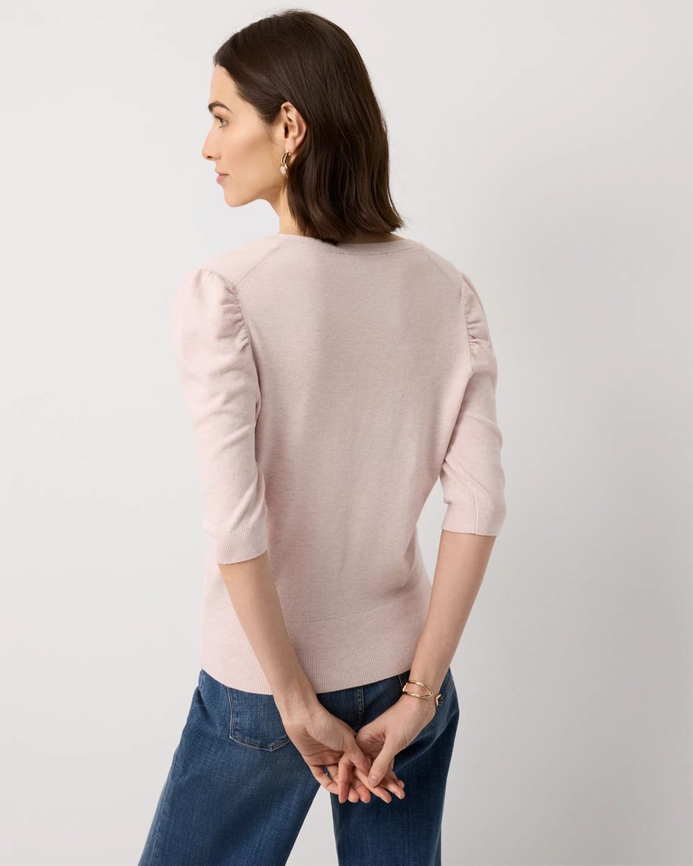 Ruched Sleeve V-neck Pullover