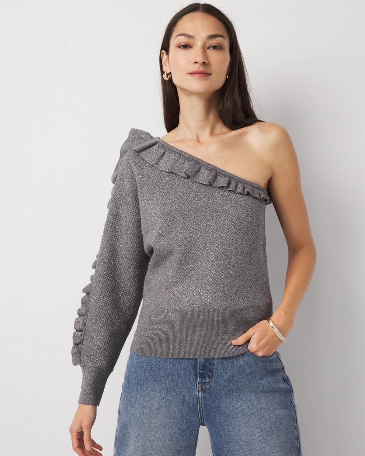 White House Black Market Metallic Ruffle One-shoulder Sweater In Gray