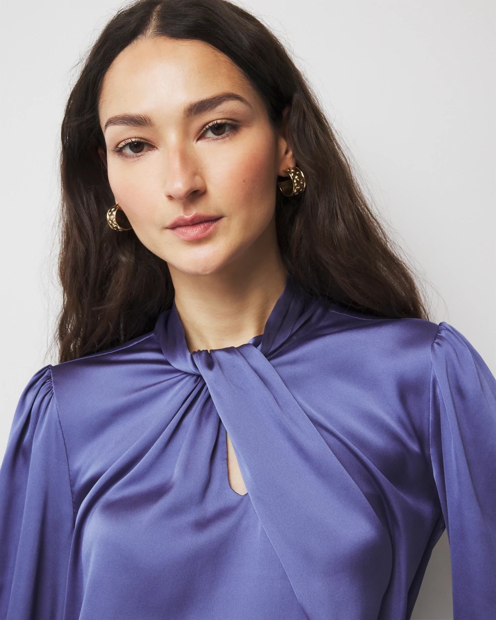 Long Sleeve Twisted Neck Satin Blouse