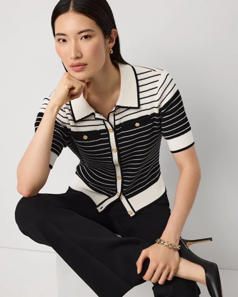 Petite Collared Striped Cotton Cardigan