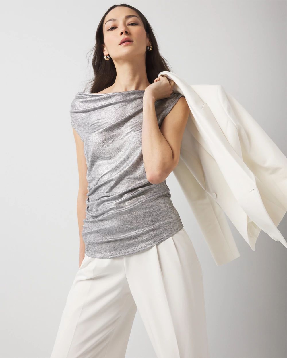 Metallic Off-The-Shoulder Shirred Top
