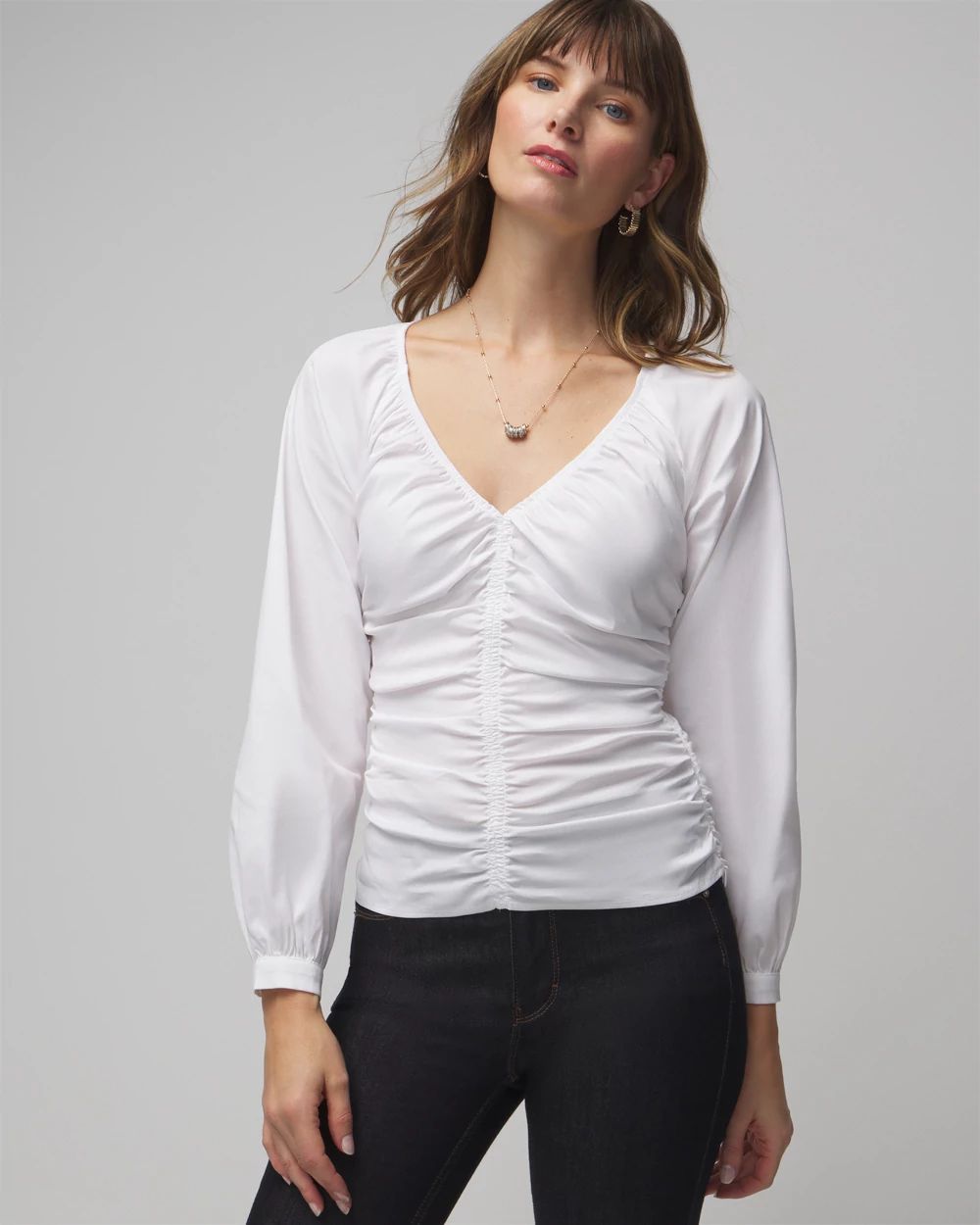 Long Sleeve Ruched V-Neck Poplin Top click to view larger image.