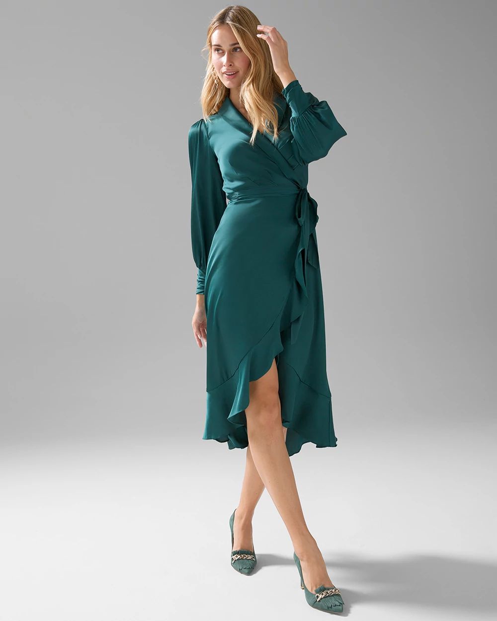 Long Sleeve Satin Ruffle Wrap Dress