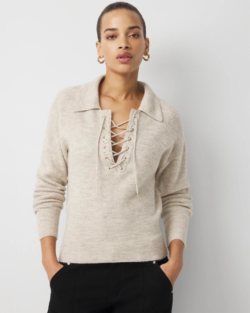 Lace Up Collared Sweater