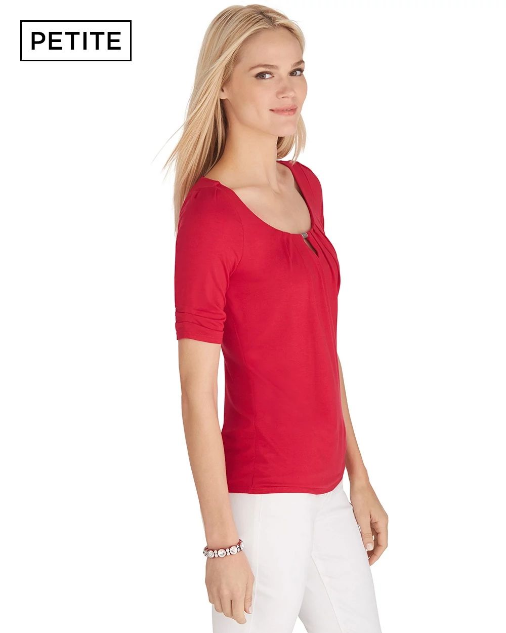 Petite The Modern Elbow Sleeve Pleated Keyhole Tee click to view larger image.