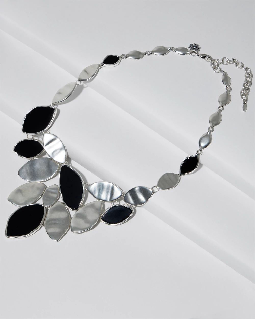 Singlestrand Silvertone and Black Disc Statement Necklace