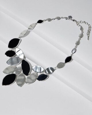 Singlestrand Silvertone and Black Disc Statement Necklace
