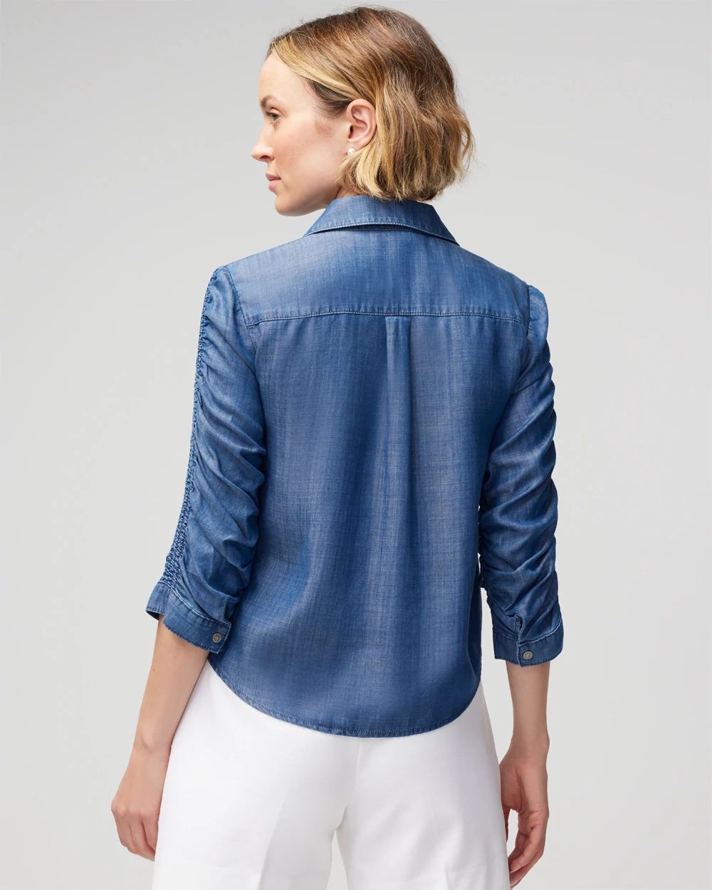 Elbow Sleeve Smocked Denim Shirt
