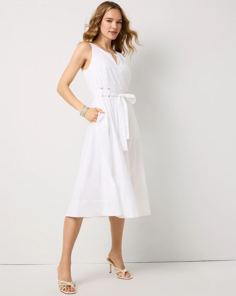 Poplin Notch V-neck Midi Dress