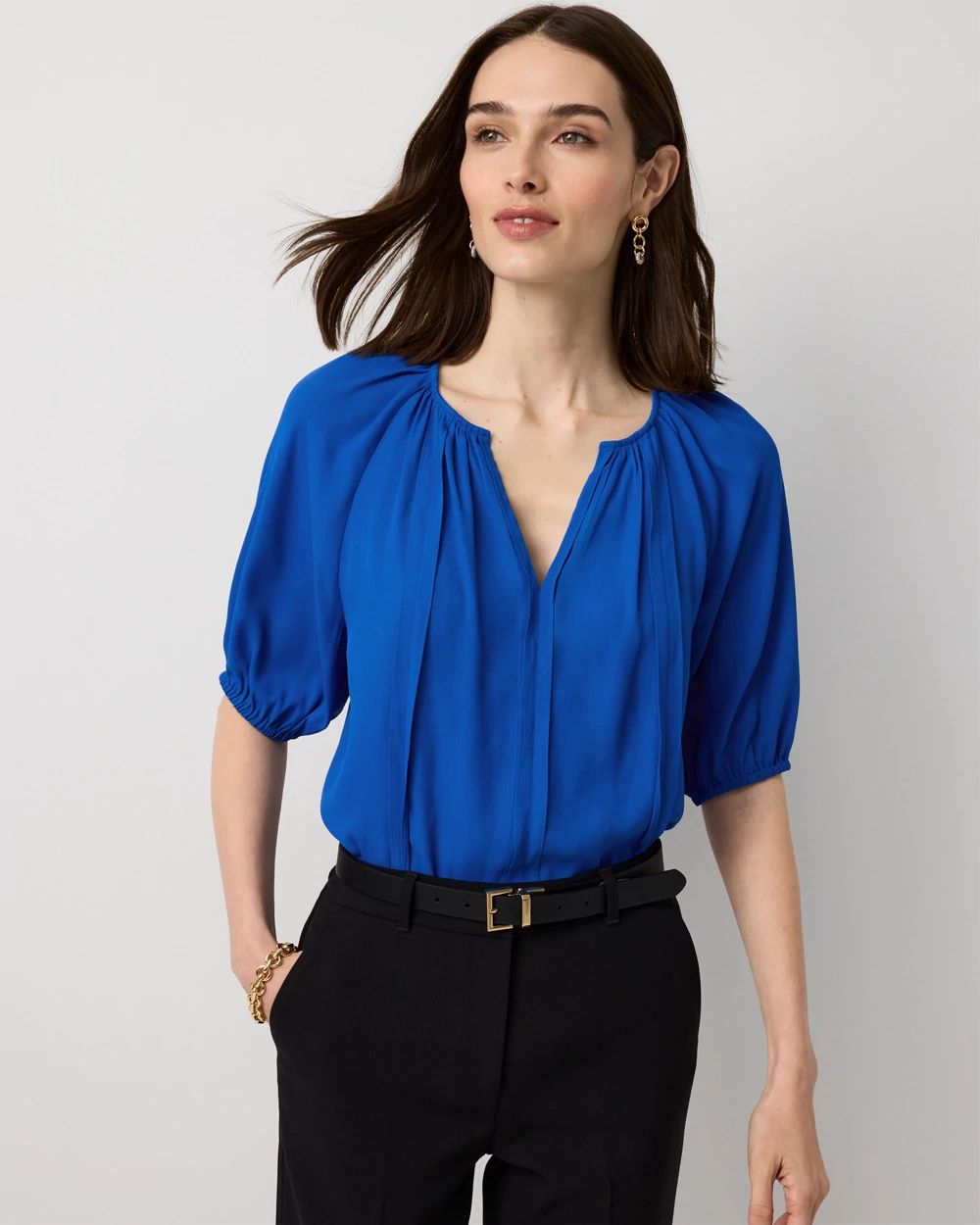 Elbow Sleeve V-neck Blouse