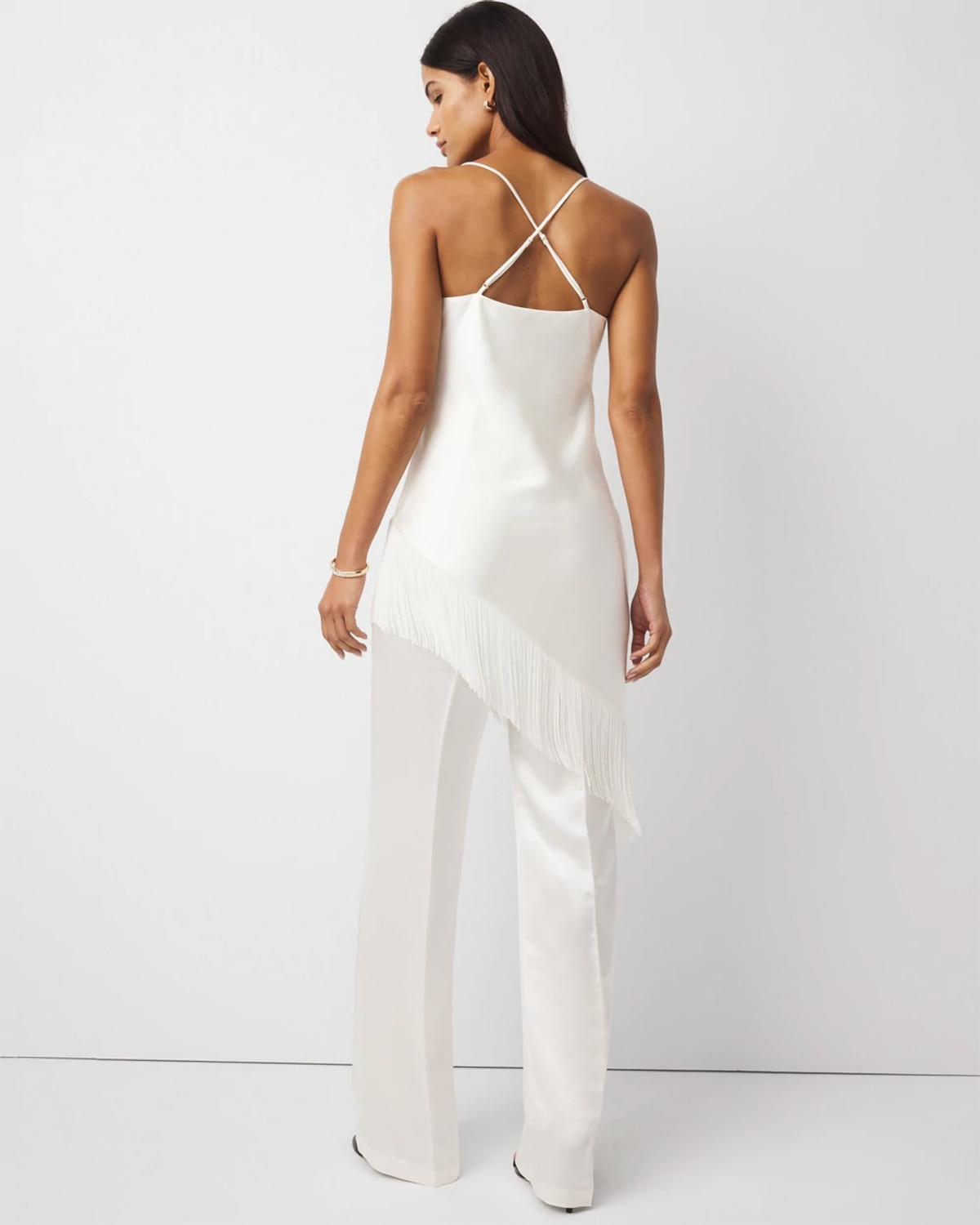 White House Black Market Fringe Satin Jumpsuit In White