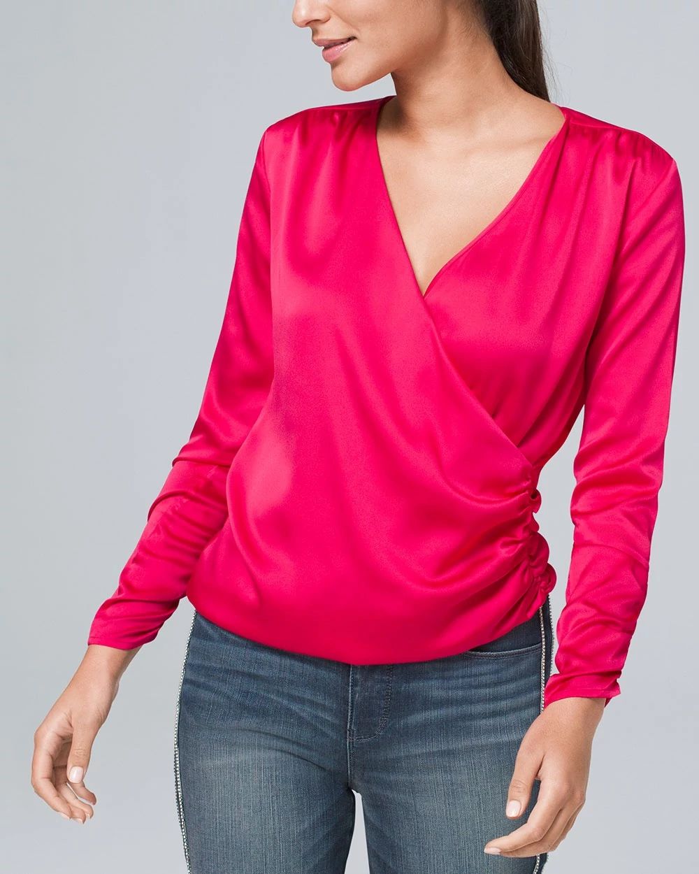 Petite Ruched Faux-Wrap Blouse