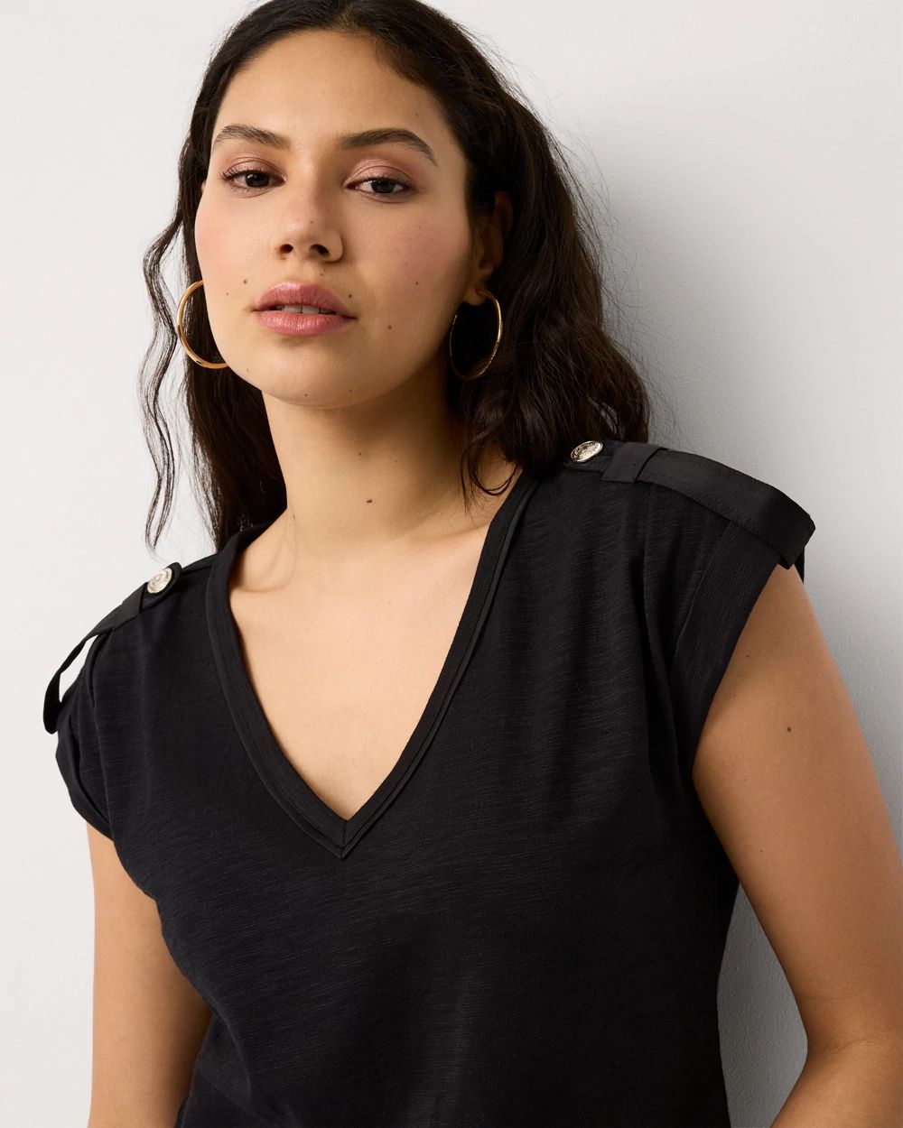 Satin Epaulet V-neck Tee click to view larger image.