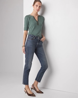 Petite Mid-Rise Everyday Soft Denim Studded Girlfriend Jeans