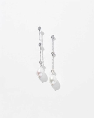 Silver Fresh Water Pearls Crystal Linear Earrings click to view larger image.