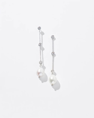 Silver Fresh Water Pearls Crystal Linear Earrings click to view larger image.