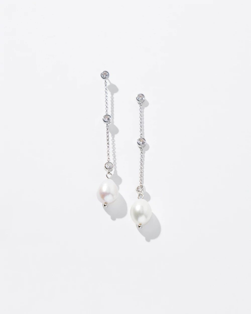 Silver Fresh Water Pearls Crystal Linear Earrings