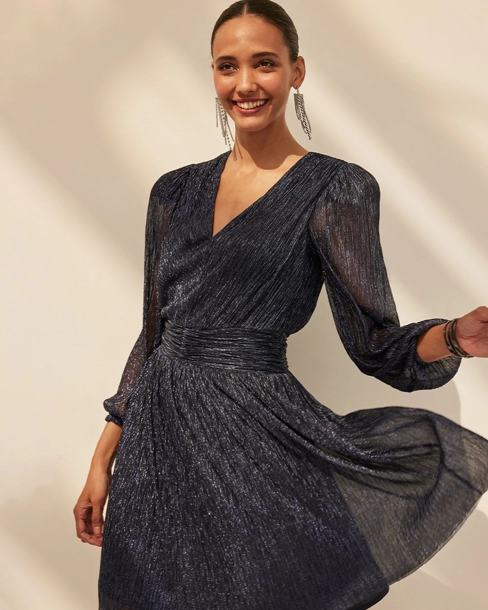 Long Sleeve Metallic Sparkle Mini Dress White House Black Market