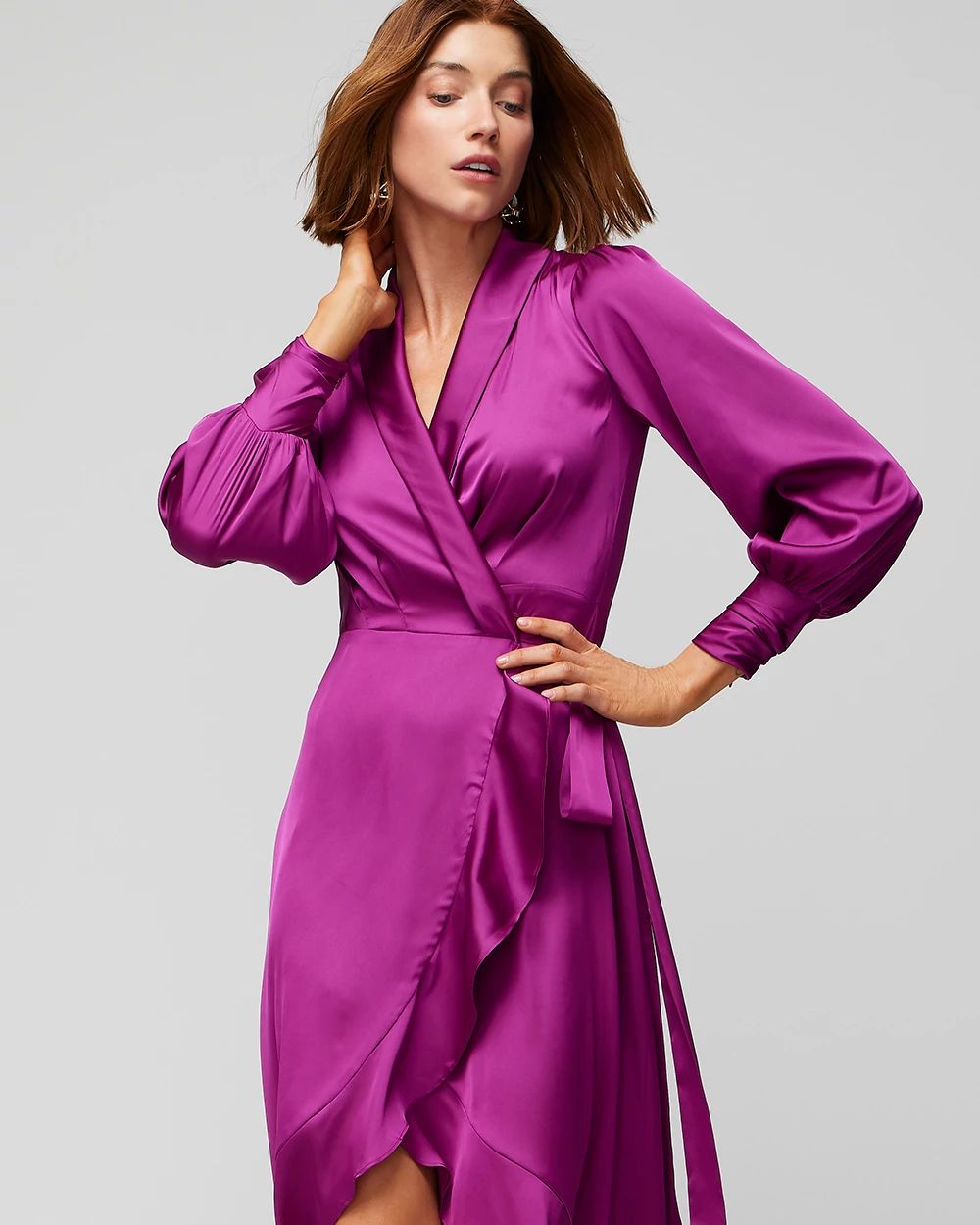 Long Sleeve Satin Ruffle Wrap Dress click to view larger image.