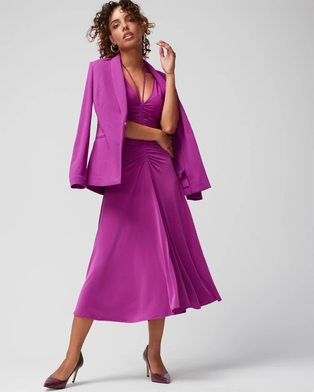 Short-Sleeve Ruched Front Midi Dress