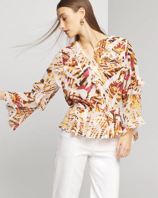 Long Sleeve V-Neck Chiffon Ruffle Blouse click to view larger image.