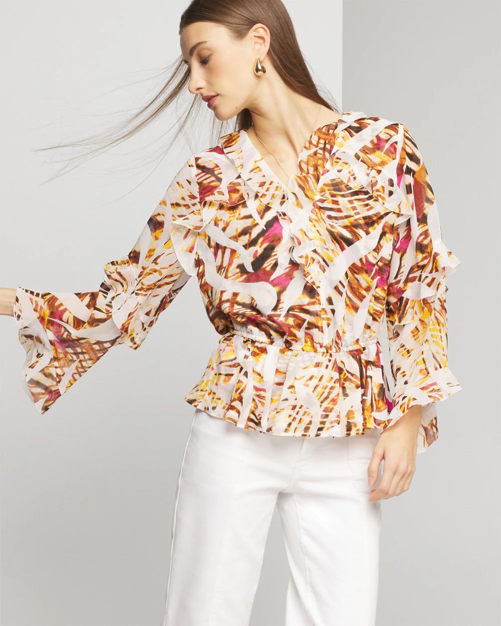 Long Sleeve V-Neck Chiffon Ruffle Blouse