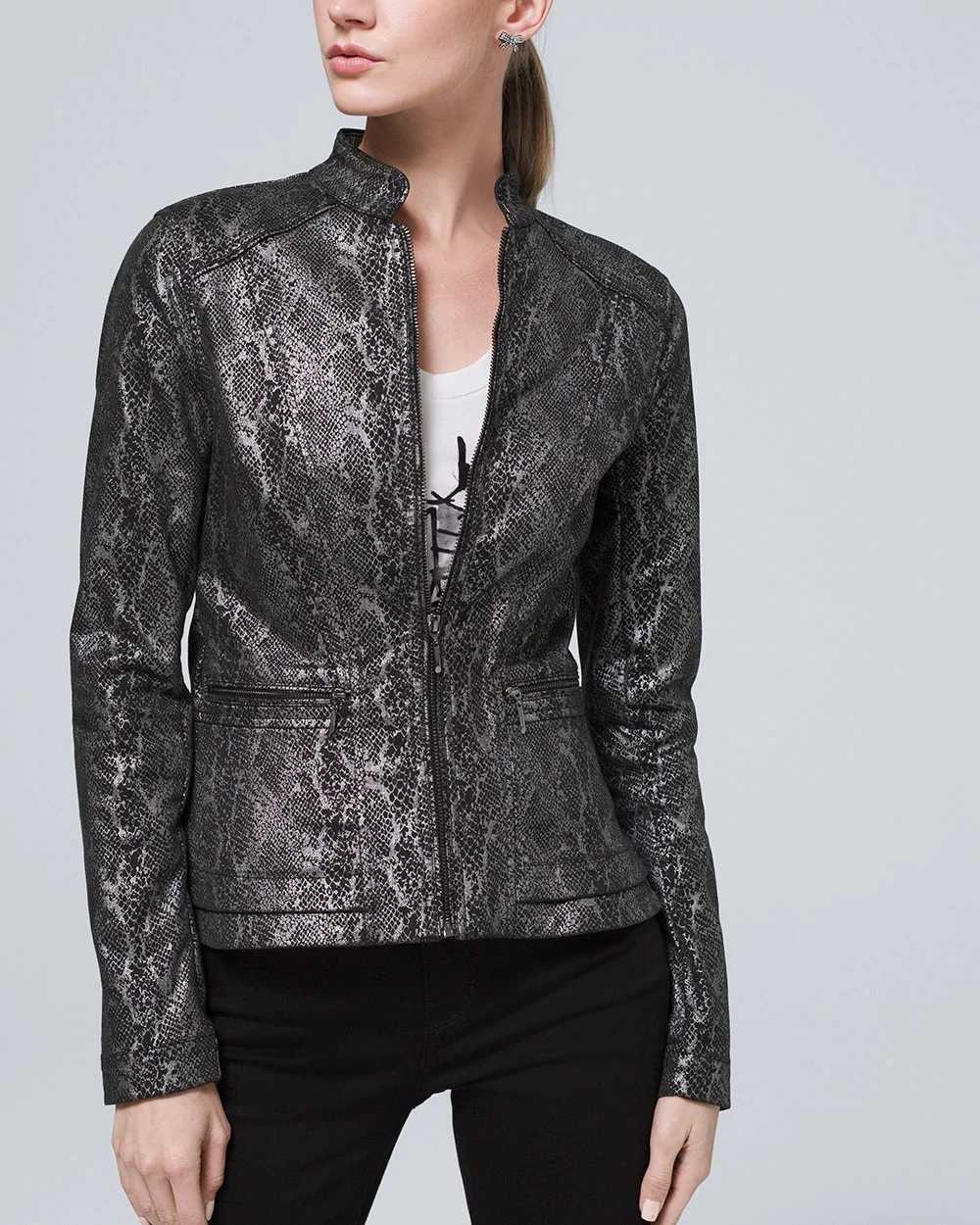 Petite Foiled Denim Python Print Peplum Jacket