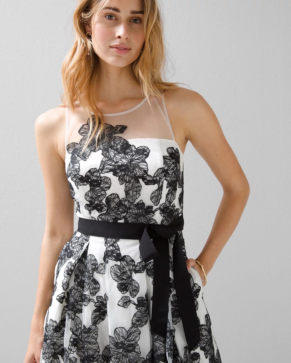 Embroidered Floral Illusion Dress