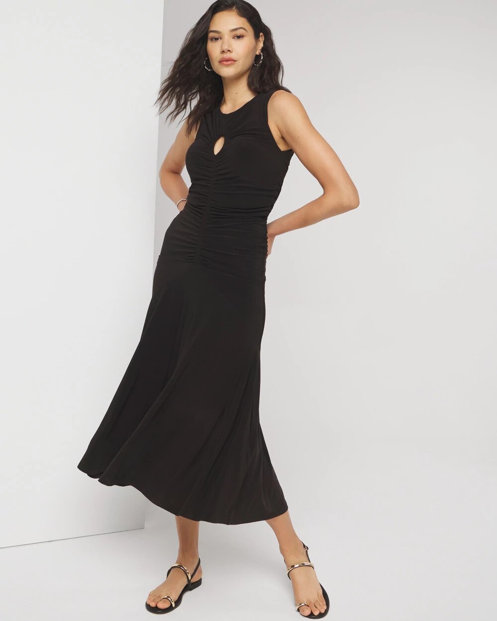 Sleeveless Matte Jersey Ruched Keyhole Maxi Dress