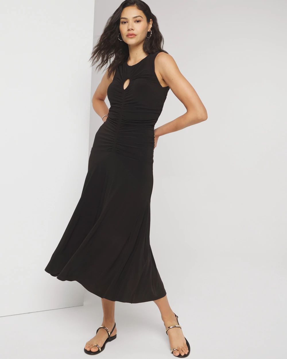 Sleeveless Matte Jersey Ruched Keyhole Maxi Dress