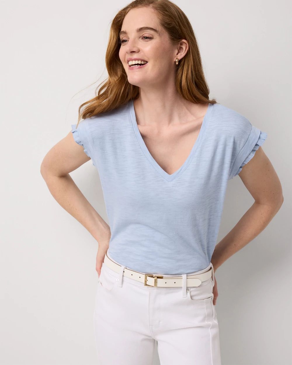 Pleat Sleeve V-neck Tee