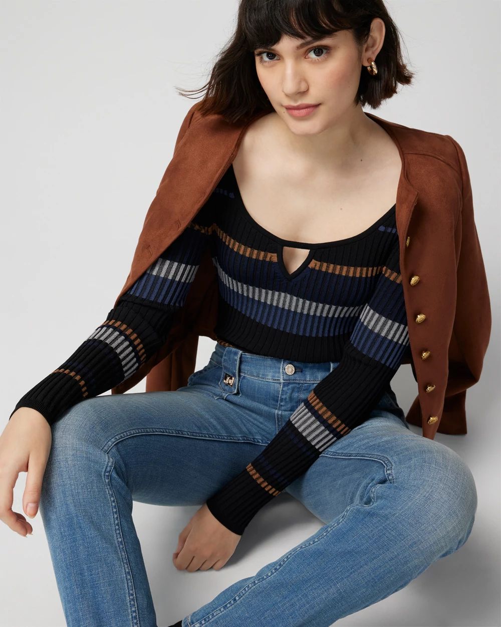 Petite Long Sleeve Stripe Keyhole Pullover Sweater
