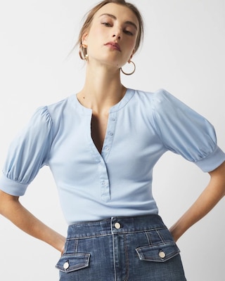 Poplin Puff-Sleeve Henley Top