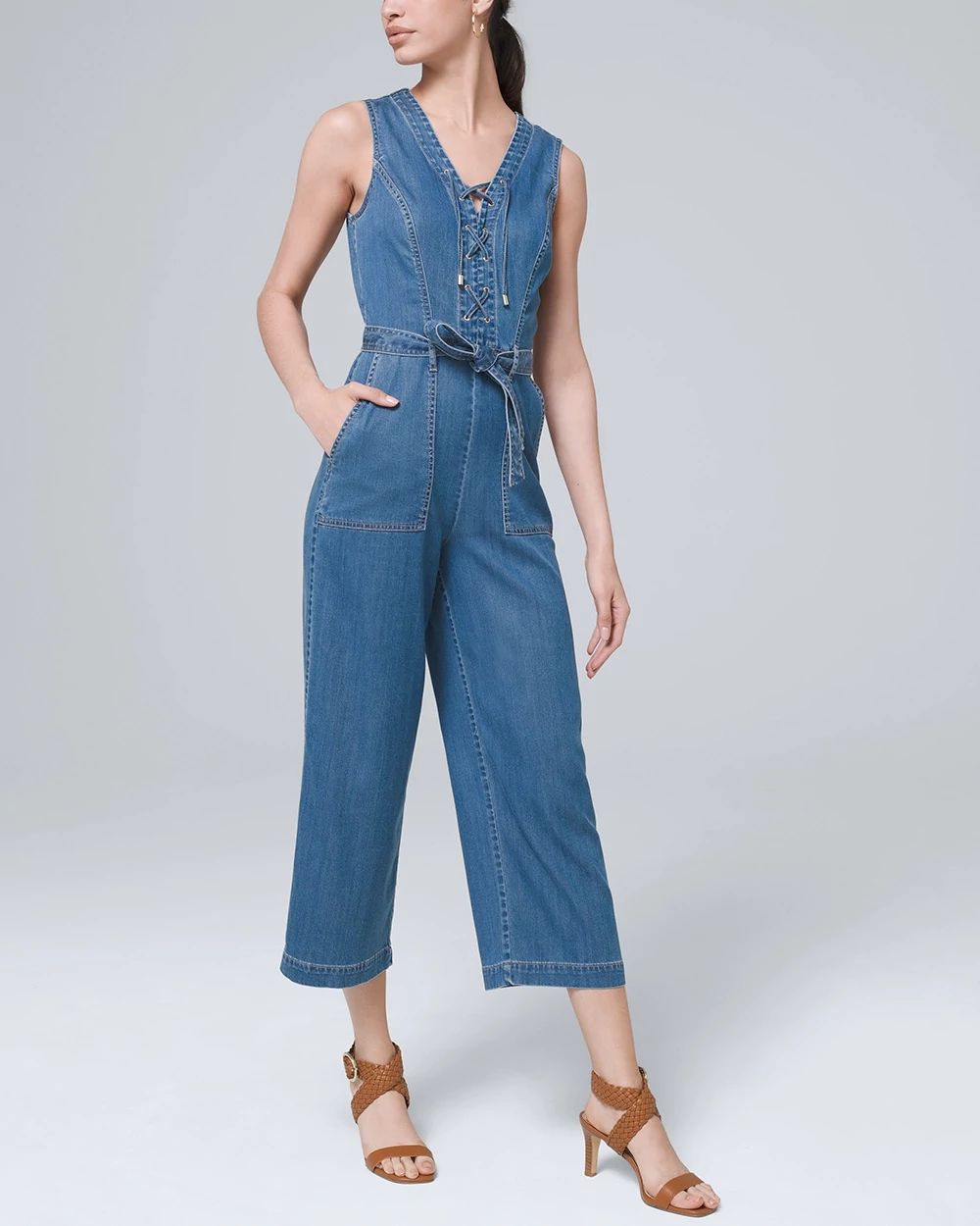 Lace Up Crop Denim Jumpsuit