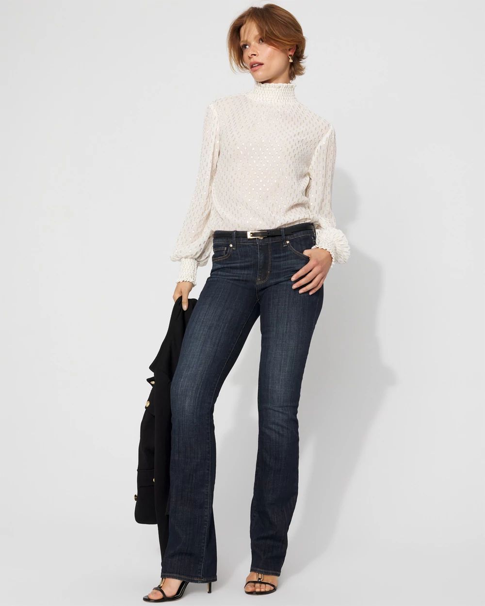 Jacquard + Gold Clip Mock Neck Blouse