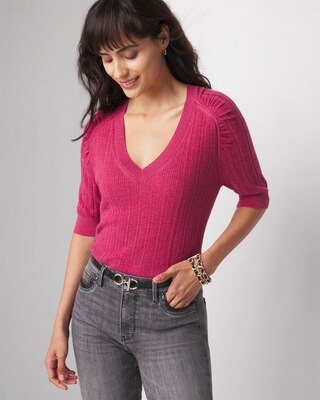 Cashmere-Blend Elbow-Sleeve Shirred Sweater