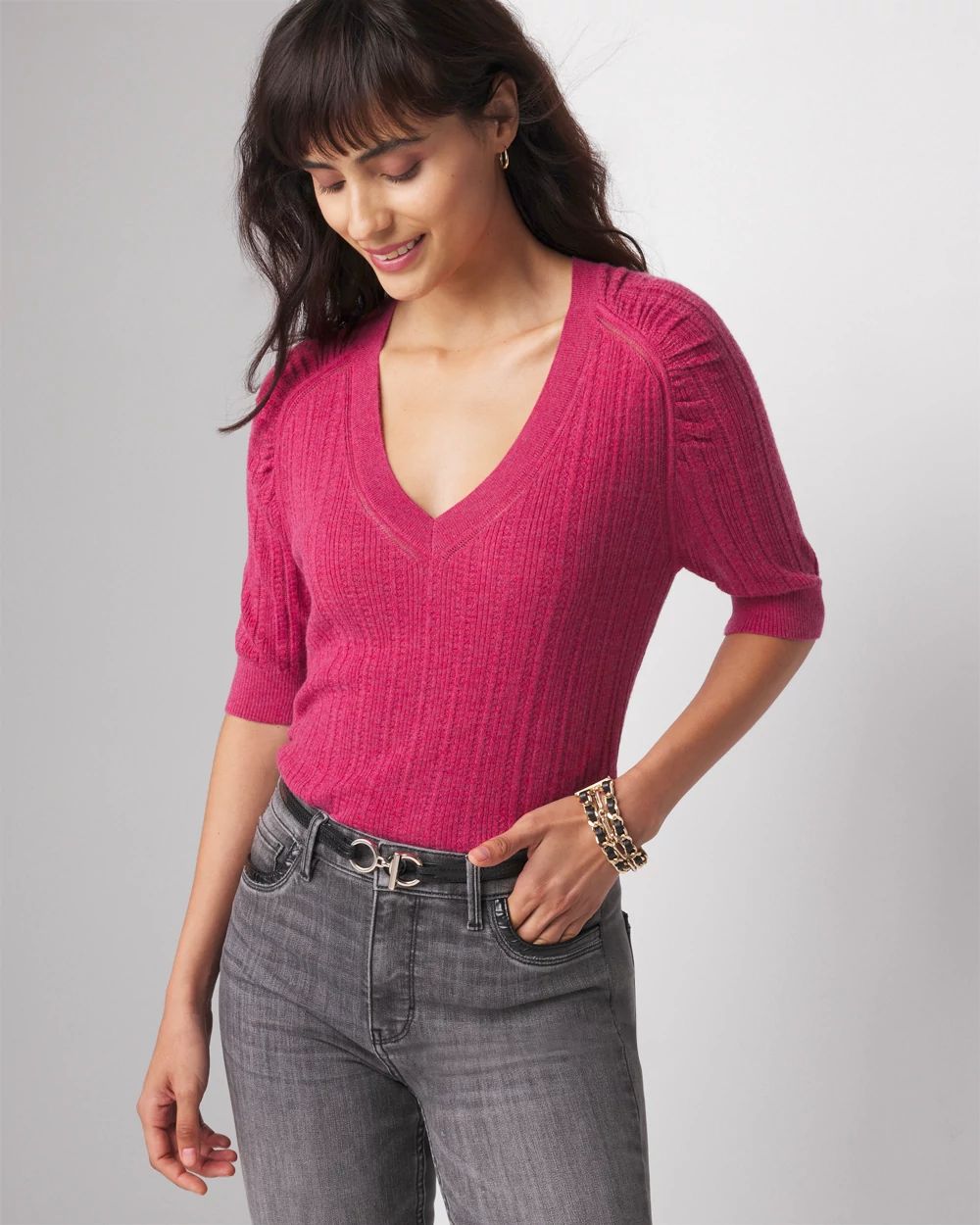 Cashmere-Blend Elbow-Sleeve Shirred Sweater