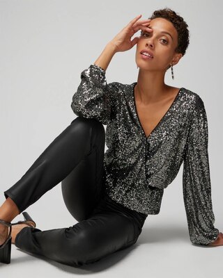 Long Sleeve Sequin Surplice Top