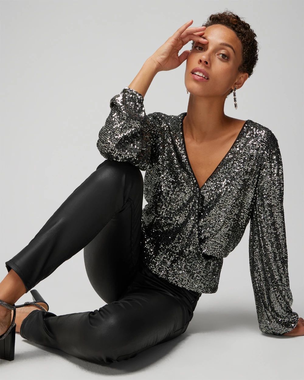 Long Sleeve Sequin Surplice Top click to view larger image.