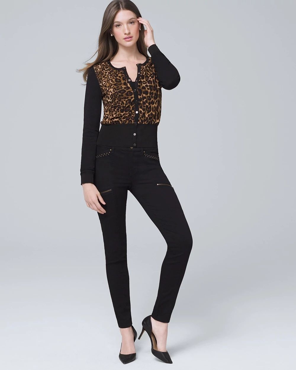 Mid-Rise Stud-Trim Skinny Ankle Jeans
