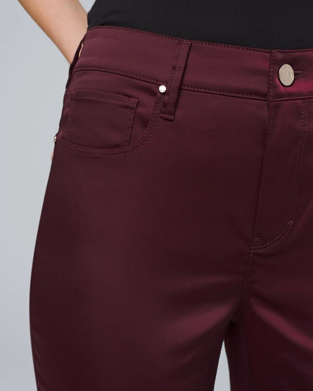 High-Rise Satin Slim Jeans with Ankle Slits