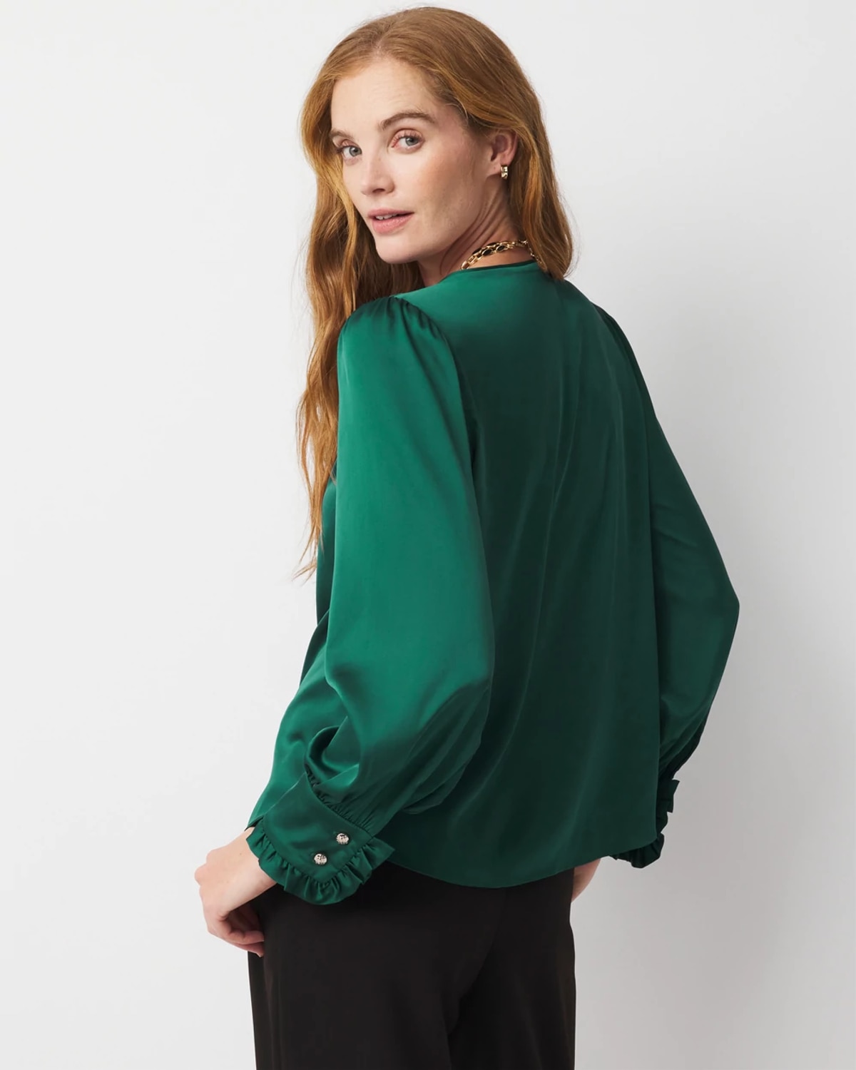 White House Black Market Satin Drama Sleeve Blouse In Green