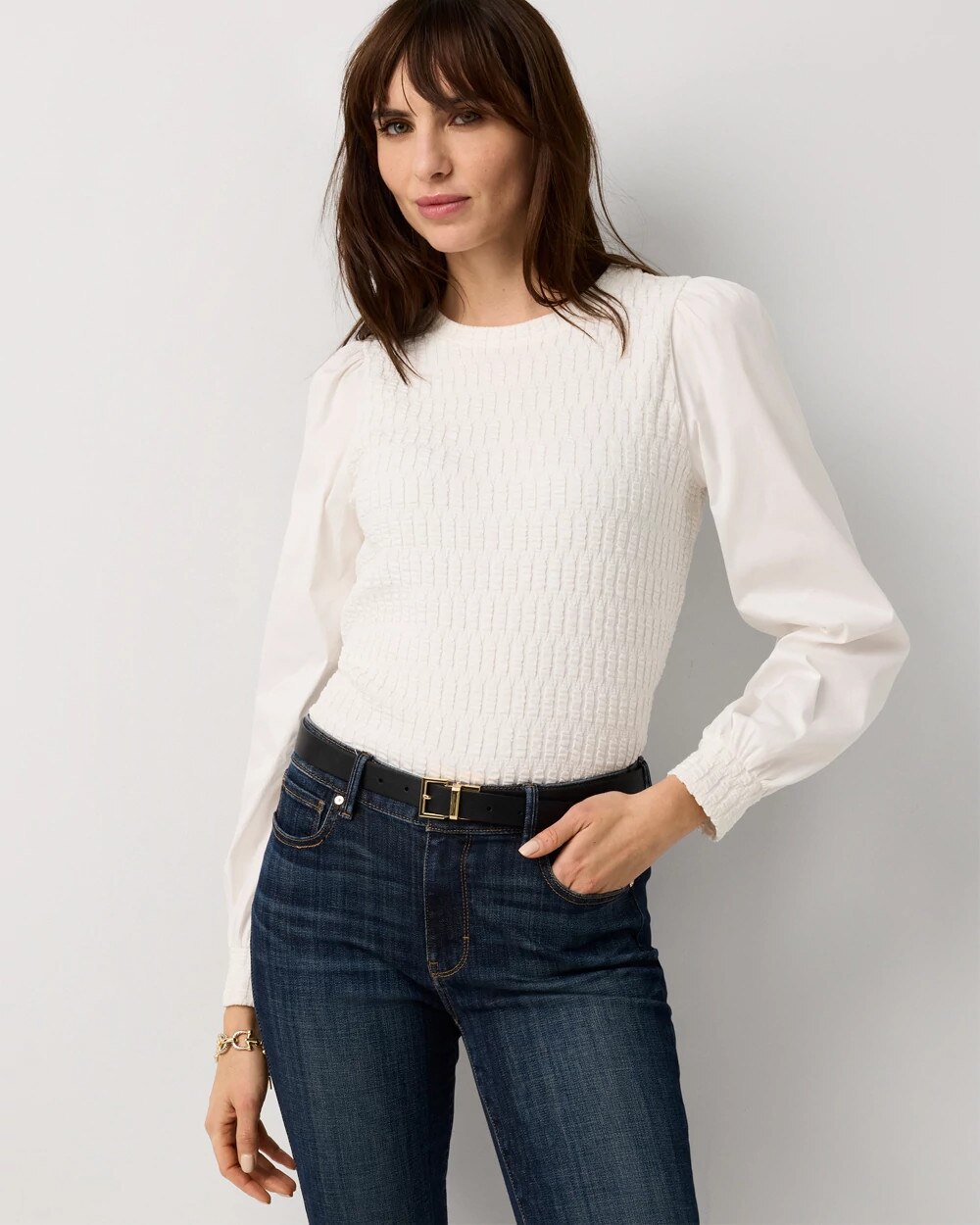 Knit + Poplin Long Sleeve Pullover
