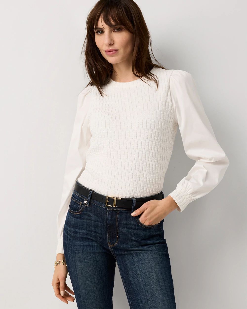 Knit + Poplin Long Sleeve Pullover