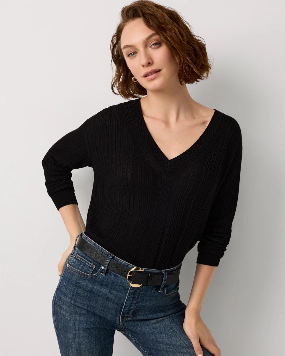 Ribbed Long Sleeve V-neck Sweater