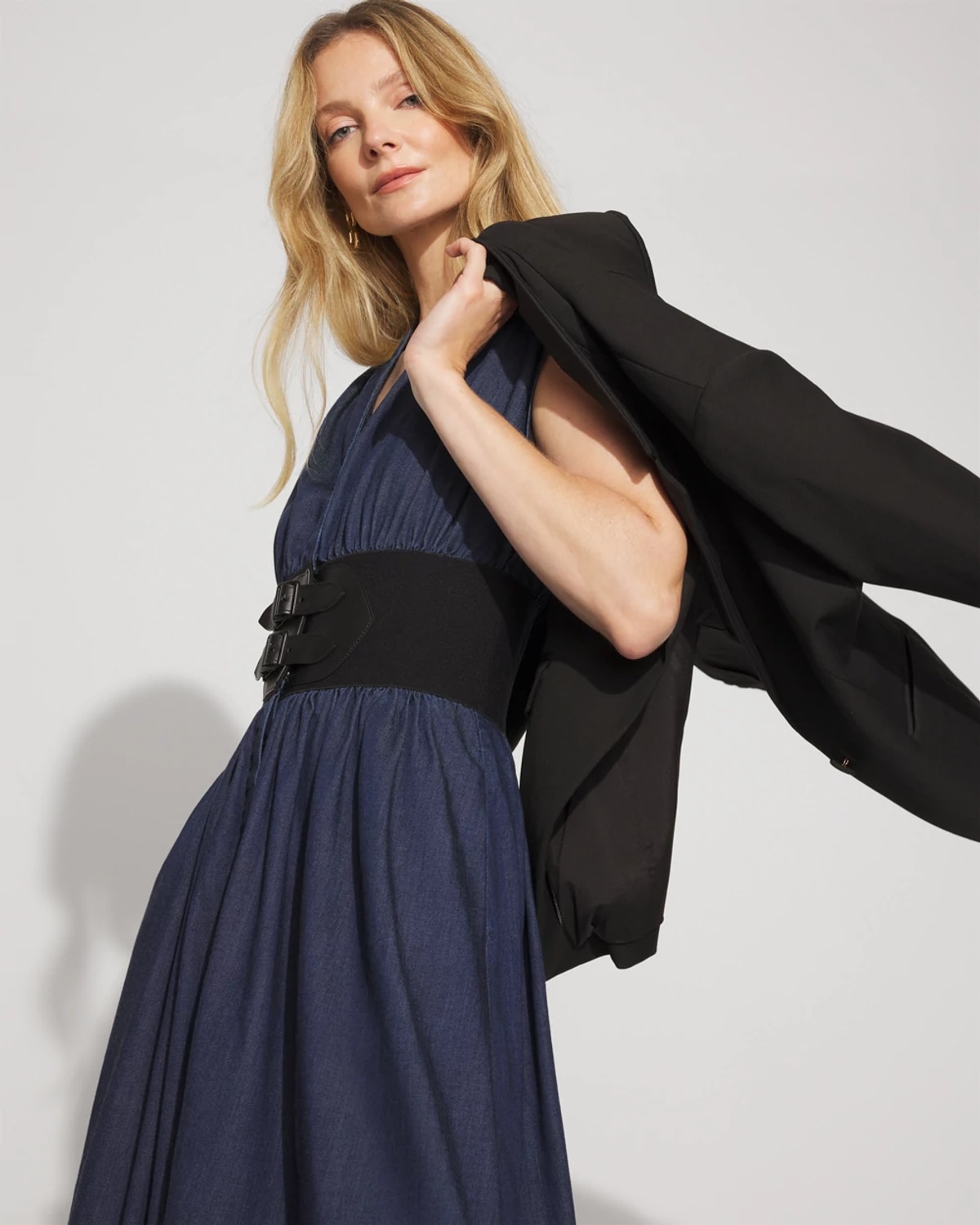 White House Black Market Petite Tencel Belted Denim Midi Dress In Brown