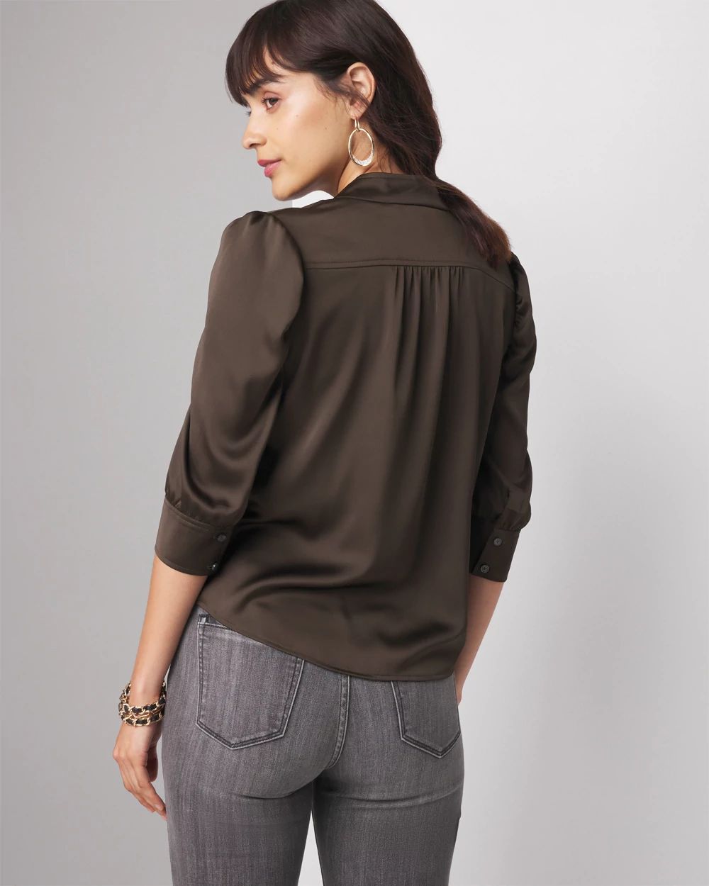 Petite Ruched Sleeve Y-Neck Shirt
