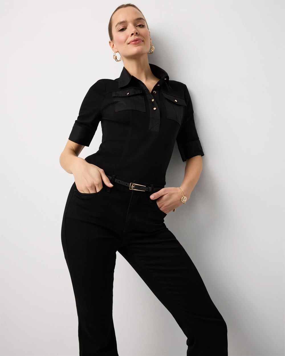 Poplin Detail Knit Polo Henley