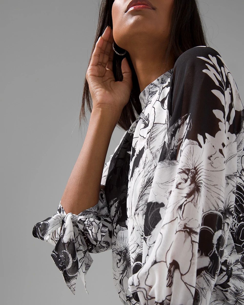 Black + White Floral Print Tie-Sleeve Blouse